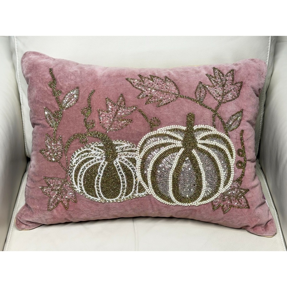 Harvest Moon Beaded White and Gold Pumpkins Throw Pillow Elegant Old Money Fall